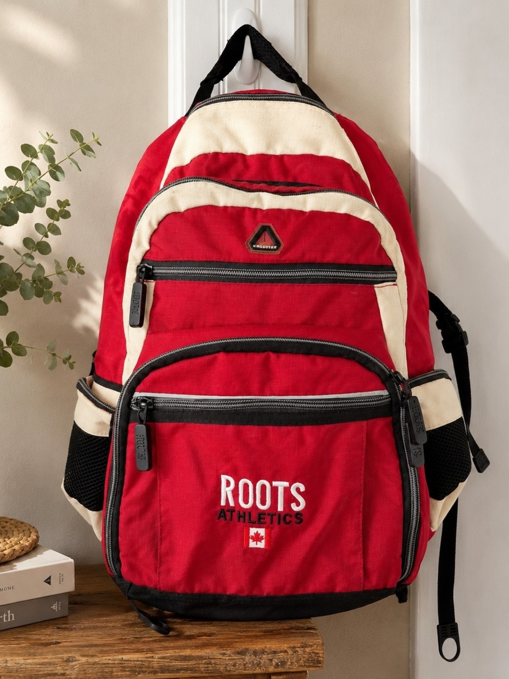 Roots Y2K Athletics Canada Vintage Red Cream Multi Pocket Backpack